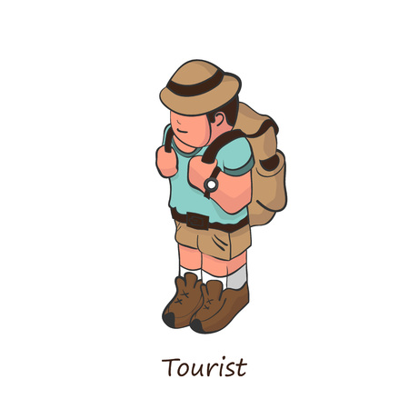 tourist with a backpack on his back. Isometric illustrationのイラスト素材