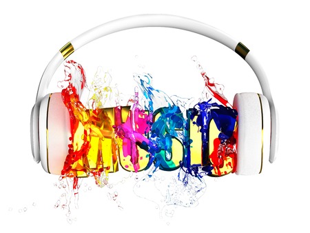 explosion of transparency color liquid from the headphones. blasted word music. each color is assigned path. the object retained its mask. edit in the funの写真素材