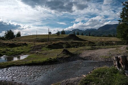 Mountain stream and field road in the foothills of Altaiの写真素材