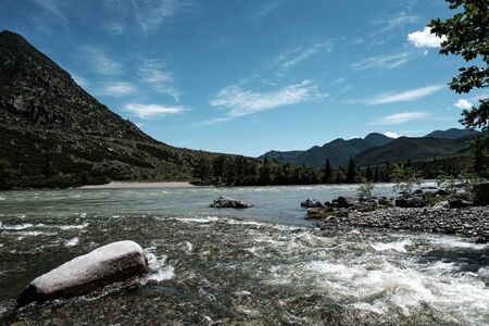 The shore of a stormy mountain river in the Altai Republic の写真素材