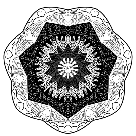 Black and white mandala inscription love abstract kaleidoscope illustration.のイラスト素材