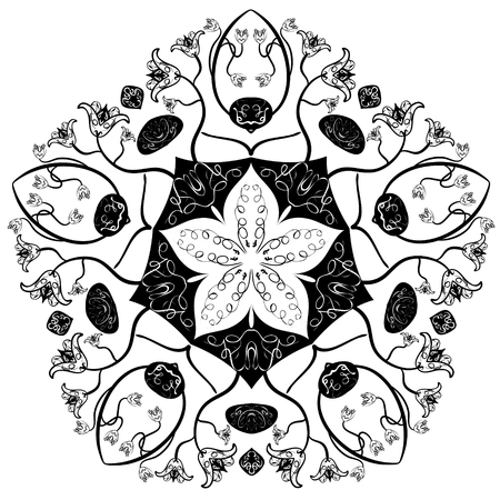 Indian ornament, kaleidoscopic floral pattern, mandala. Ornamental round lace pattern, circle background with many detailsのイラスト素材