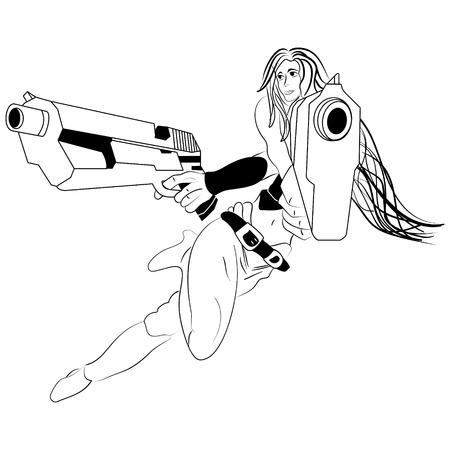 sketch cartoon girl with two pistolsのイラスト素材