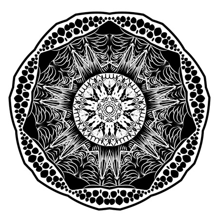 Black and white  mandala inscription love abstract kaleidoscope illustration. Zentangle or adult coloring pageのイラスト素材