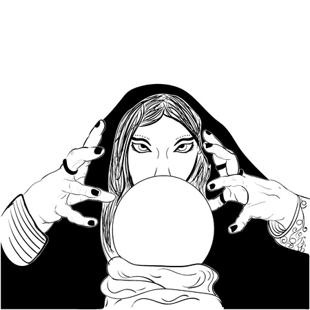 Sketchy woman fortune teller with crystal ball black white Prophetess sketch vectorのイラスト素材