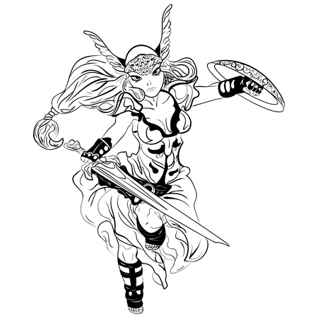 black and white sketch cartoon Valkyrie. Viking Girlのイラスト素材