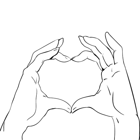 Hands in heart form, sketch black and white vector illustration Heart shape hand gesture isolated on whiteのイラスト素材