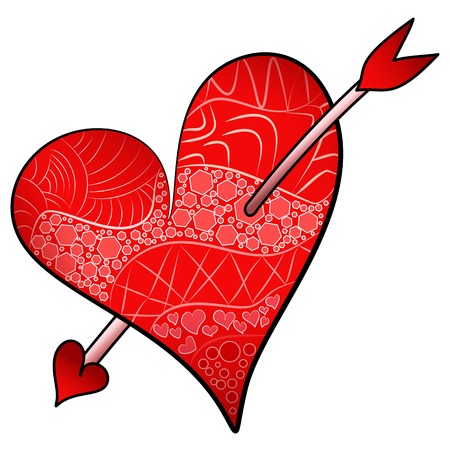 Red Valentines Day Illustration of detailed heart in zentangle style pierced with an arrowのイラスト素材