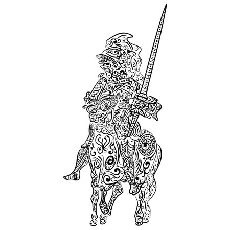 Zentangle stylized cartoon Vector ink sketch in the style of a medieval knight on horsebackのイラスト素材