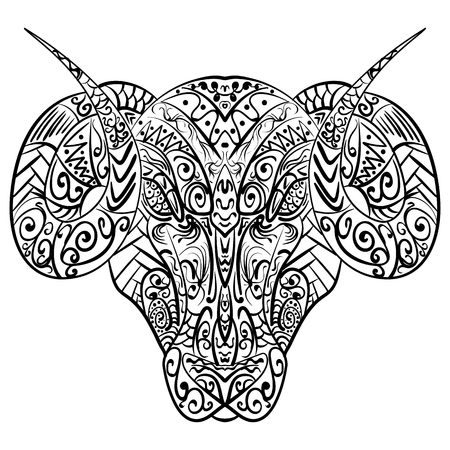 Zentangle stylized cartoon goat ram head Hand drawn sketch adult antistress coloring page zentangle vector illustrationのイラスト素材