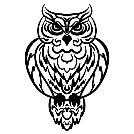Portrait owl Decorative Stylized Line art Black and white Isolated Tattoo Tribal pattern Vector illustrationのイラスト素材