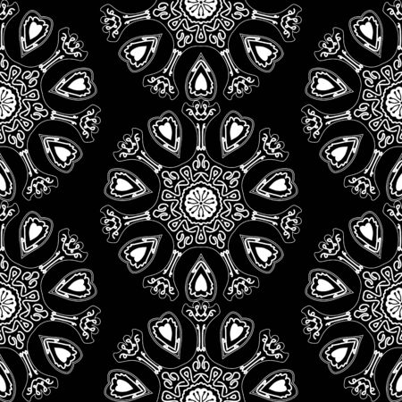 Vector Seamless Black and White Round Star Lace Ornamental Patternのイラスト素材