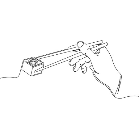 One continuous line Hand drawn hand holding chopsticks with sushi. Black and white Japanese rolls. Vector illustrationのイラスト素材