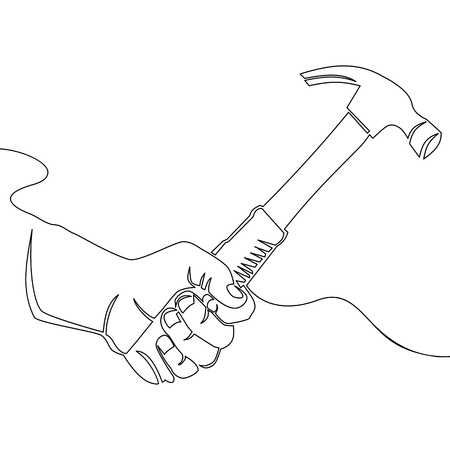 Continuous one line drawing vector hand with hammer, hand drawn line illustrationのイラスト素材