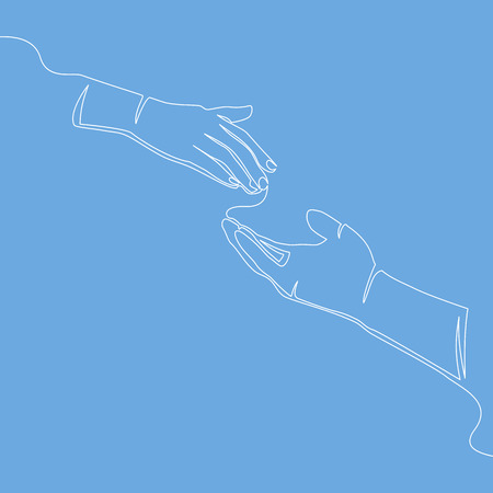 Caring hand logo continuous line drawing concept charity vector illustration isolated on blue background.のイラスト素材