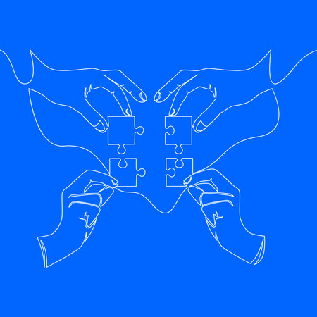 continuous line drawing of hands solving jigsaw puzzle vector illustration concept