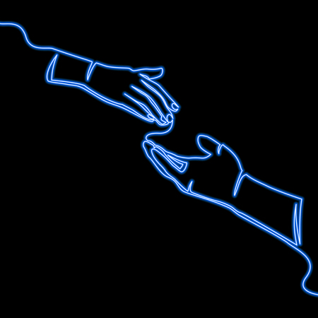 Single continuous line Caring hand charity blue glowing neon icon Glowing sign vector illustration conceptのイラスト素材