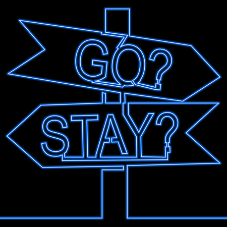 Road sign choice to stay or go continuous line sign neon blue glow vector illustration conceptのイラスト素材