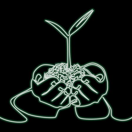 One continuous line vector illustration of young plant with ground in hands neon glow vector illustration conceptのイラスト素材
