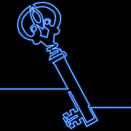 Single continuous line drawing retro key neon blue glow vector illustration conceptのイラスト素材