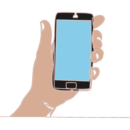 Flat colorful continuous line art drawing hand holding mobile phone icon vector illustration conceptのイラスト素材