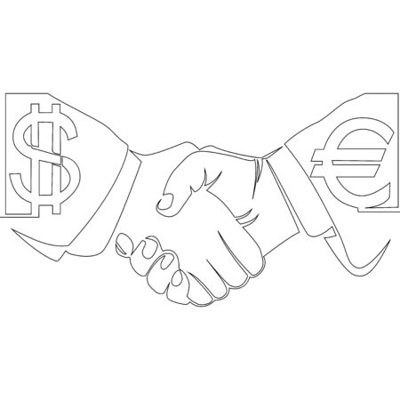 Continuous one single line drawing Handshake currency of dollar with euro icon vector illustration conceptのイラスト素材