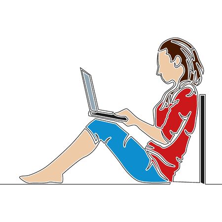 Flat colorful continuous drawing line art freelancer woman with laptop icon vector illustration conceptのイラスト素材
