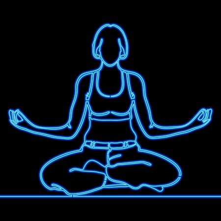 Continuous one single line drawing Yoga girl icon neon glow vector illustration conceptのイラスト素材