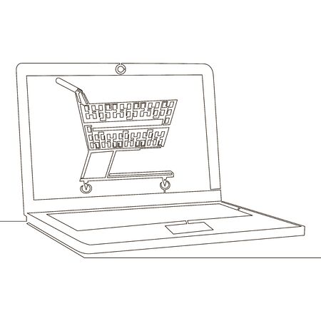 Continuous one line drawing laptop purchase online shop easy pay icon vector illustration conceptのイラスト素材