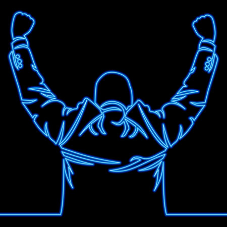 Continuous one single line drawing successful cheering businessman icon neon glow vector illustration conceptのイラスト素材