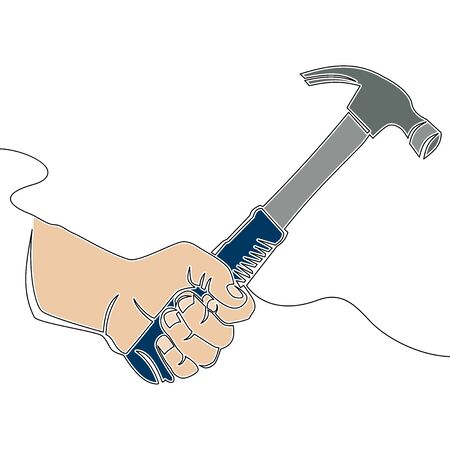 Flat colorful continuous drawing line art Hand holding hammer Repairman icon vector illustration conceptのイラスト素材