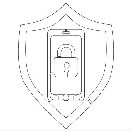 Continuous one single line drawing smartphone with security lock protection icon vector illustration conceptのイラスト素材