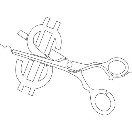 Continuous one single line drawing rate cut scissors cut dollar discounts icon vector illustration conceptのイラスト素材
