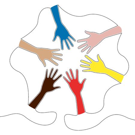 Flat colorful continuous drawing line art Human hands making circle unification friendship protection Connecting icon vector illustration conceptのイラスト素材