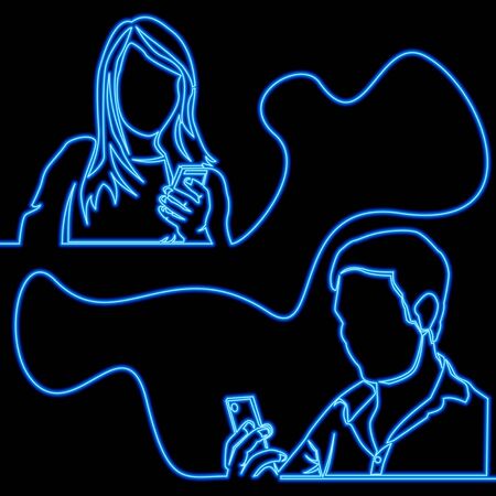 Continuous one single line drawing Conversation between man and woman blue icon neon glow vector illustration conceptのイラスト素材