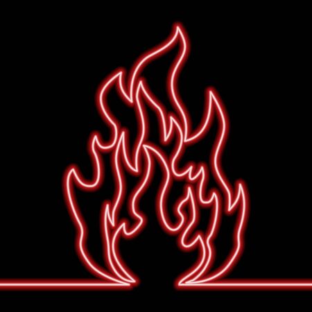 Continuous one single line drawing Burning fire icon neon glow vector illustration conceptのイラスト素材