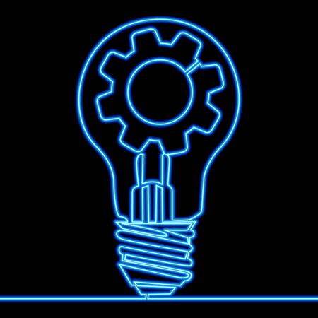Continuous one single line drawing Gear lamp creative idea lightbulb icon neon glow vector illustration conceptのイラスト素材