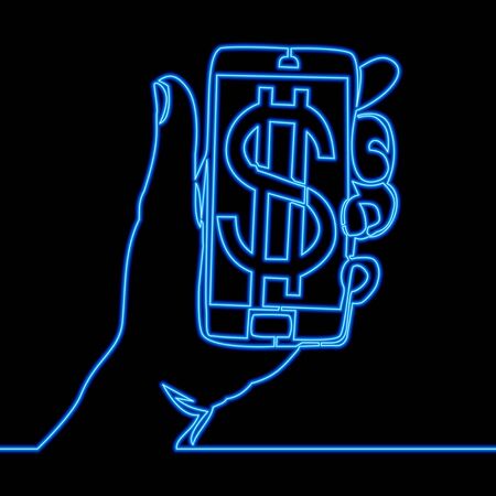 Continuous one single line drawing dollar in smart phone Mobile banking icon neon glow vector illustration conceptのイラスト素材
