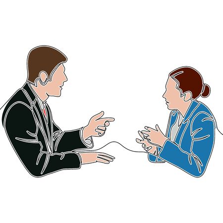 Flat continuous drawing line art Two business professionals man and woman discussing icon vector illustration conceptのイラスト素材