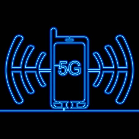 Continuous one single line drawing smartphone 5G network icon neon glow vector illustration conceptのイラスト素材