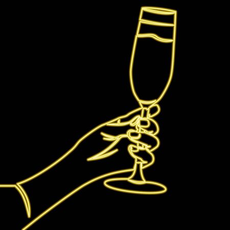 Continuous one single line drawing Hand holding glass yellow icon neon glow vector illustration conceptのイラスト素材