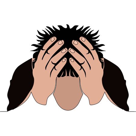 Flat continuous drawing line art Anxious man clutching his head icon vector illustration conceptのイラスト素材