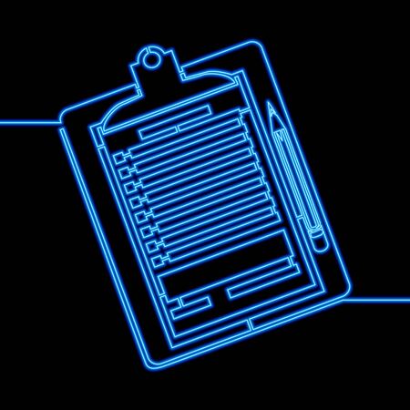 Continuous one single line drawing Document clipboard with pencil icon neon glow vector illustration conceptのイラスト素材