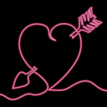 Continuous one single line drawing Red heart pierced by arrow icon neon glow vector illustration conceptのイラスト素材