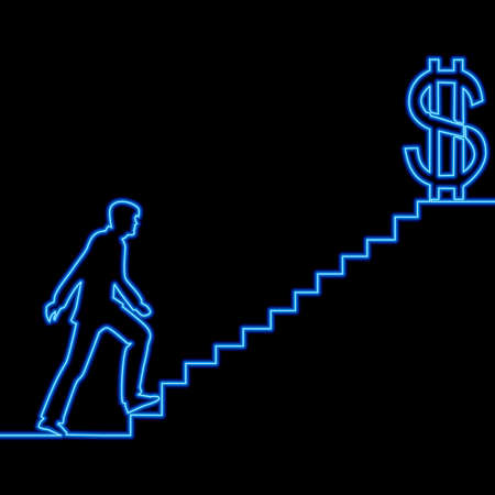 Continuous one single line drawing Man on Stairs of success icon neon glow vector illustration conceptのイラスト素材