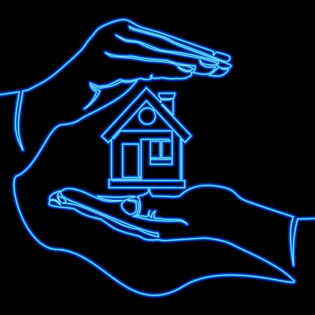 Continuous one single line drawing hands holding house home protection icon neon glow vector illustration conceptのイラスト素材