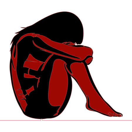 Flat colorful continuous drawing line art Sad and depressed girl Unhappy and stressed icon vector illustration conceptのイラスト素材
