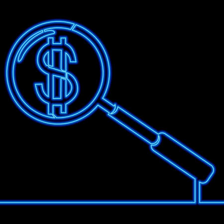 Continuous one single line drawing magnifier with dollar icon neon glow vector illustration conceptのイラスト素材