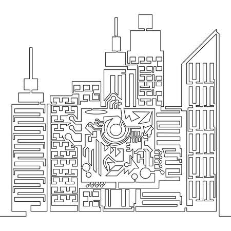 Continuous one single line drawing digital microchip Smart City icon vector illustration conceptのイラスト素材