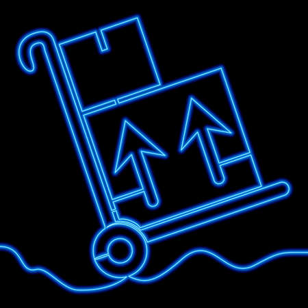 Continuous one single line drawing warehouse trolley delivery handcart box icon neon glow vector illustration conceptのイラスト素材